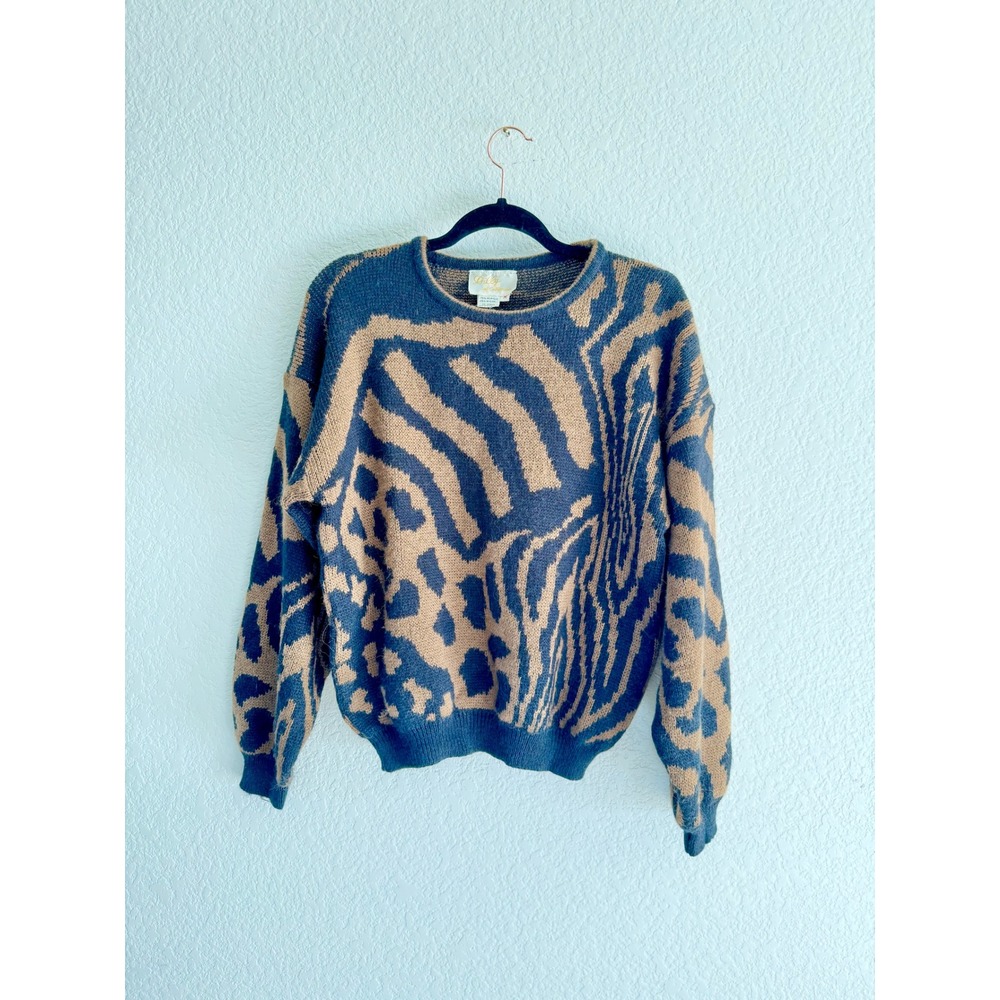 Lilly of California Vintage Mixed Animal Print Sweater Brown Black Womens M